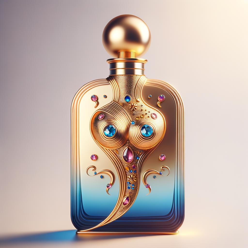 Create a 3-D realistic gold and  blue, colorful jewels perfume bottle
In the shape of a women’s body with the name Karen