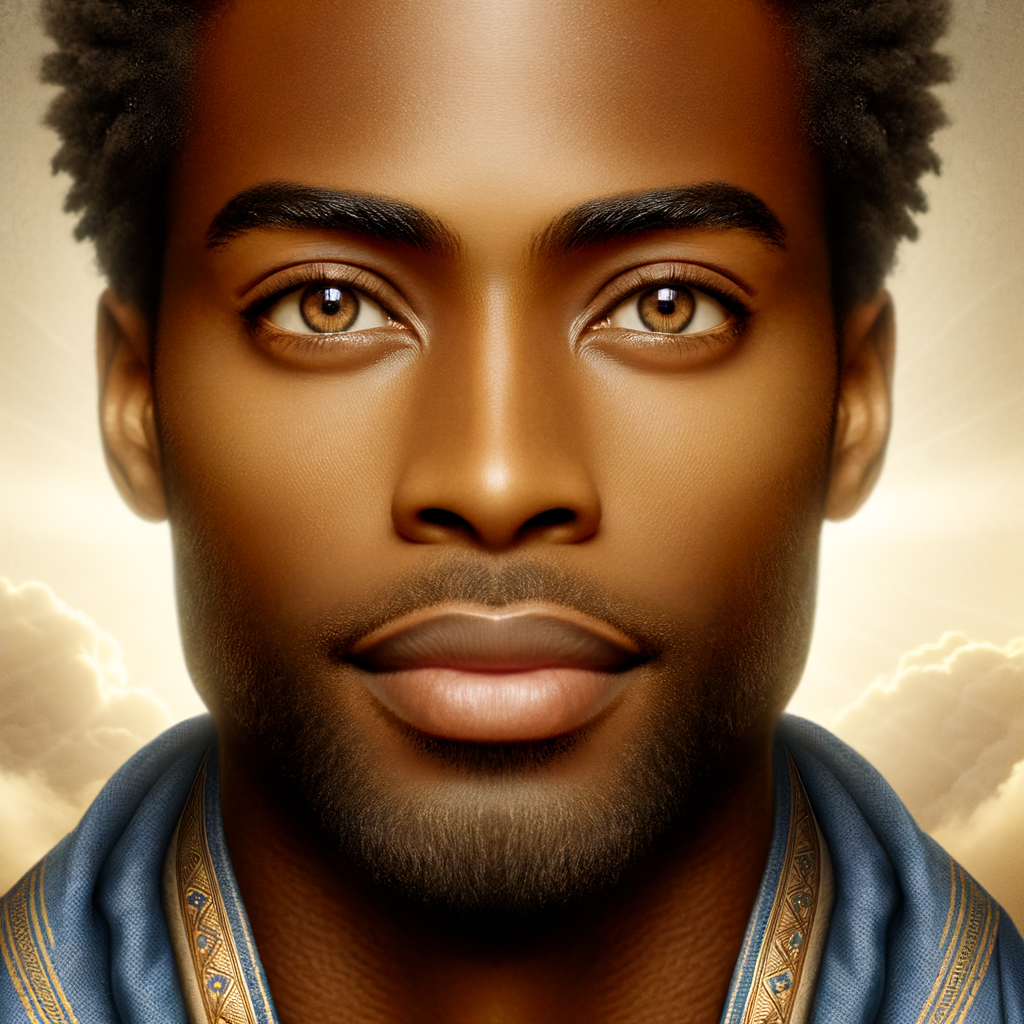 Create handsome African-American, Jesus, with Hazel Brown eyes wearing a blue and gold robe