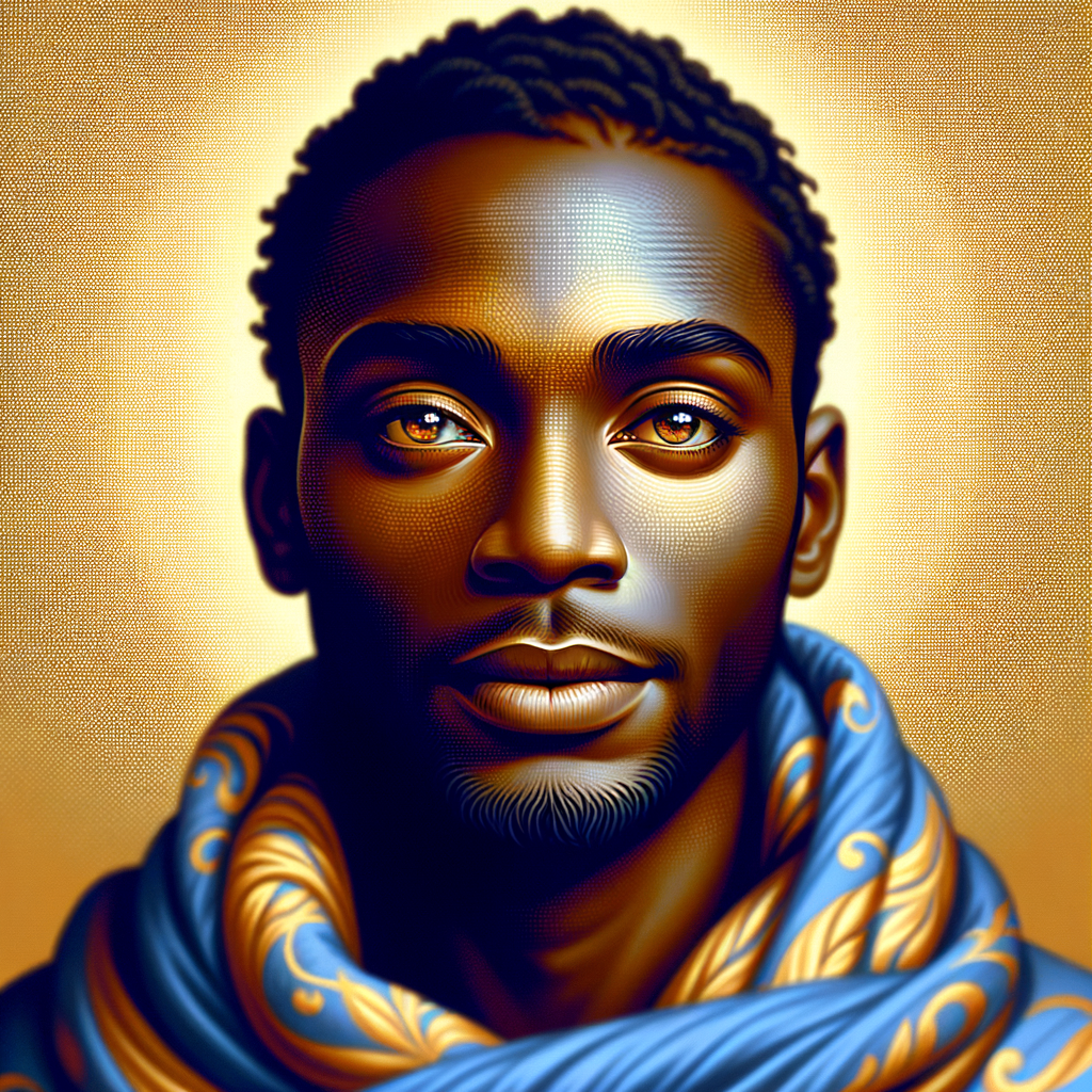 Create handsome African-American, Jesus, with Hazel Brown eyes wearing a blue and gold robe