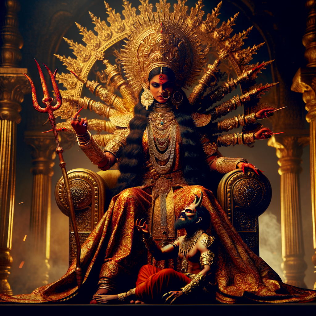 portrait of angry looking goddess durga sitting on a gold crown and carrying a weak mahishasur on her lap and poking him with her amazingly long red fingernails. She is wearing gold armor, a huge gold crown, gold saree, abundant  gold jewelry, covered in blood. The scene is set in ancient India. The image is 8K resolution, cinematic, photography, ultra detailed face and epic.