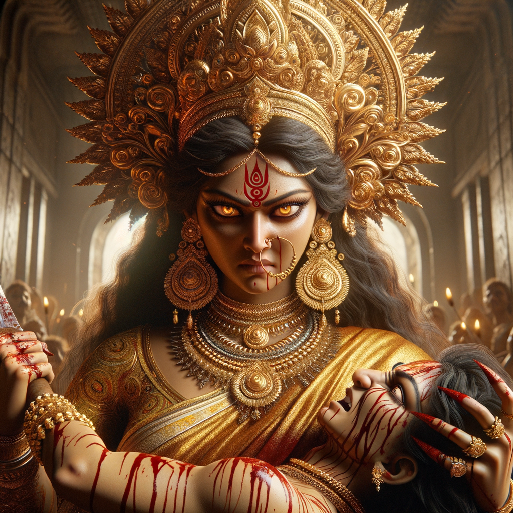 portrait of angry looking goddess durga  carrying a weak mahishasur in her arms and stabbing him with her amazingly long red fingernails. She is wearing gold armor, a huge gold crown, gold saree, abundant  gold jewelry, covered in blood. The scene is set in ancient India. The image is 8K resolution, cinematic, ultra detailed face and epic.