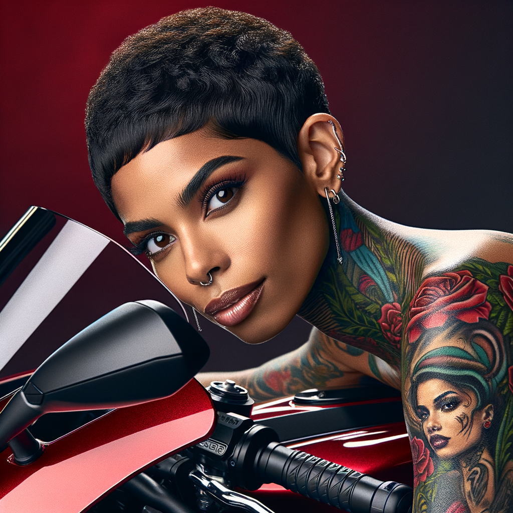 A beautiful Puerto Rican, with short hair and tattoos, she is sitting on a black and red, shiny cromed out Harley Davidson looking at the camera. This image is taken with a canon high resolution for the camera.