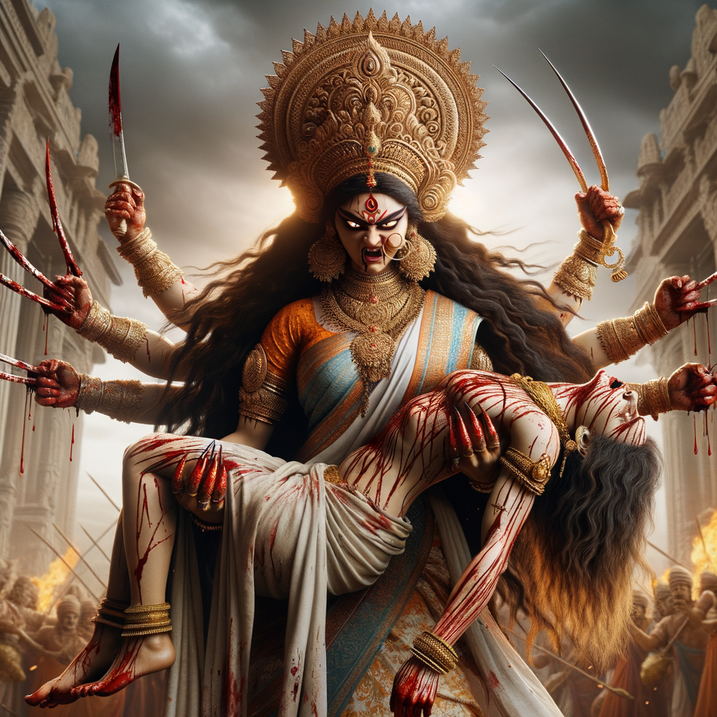 portrait of angry looking goddess durga  carrying a weak mahishasur in her arms and poking him with her amazingly long red fingernails. She is wearing a huge gold crown, white saree, abundant  gold jewelry, covered in blood. The scene is set in ancient India. The image is 8K resolution, cinematic, ultra detailed face and epic.