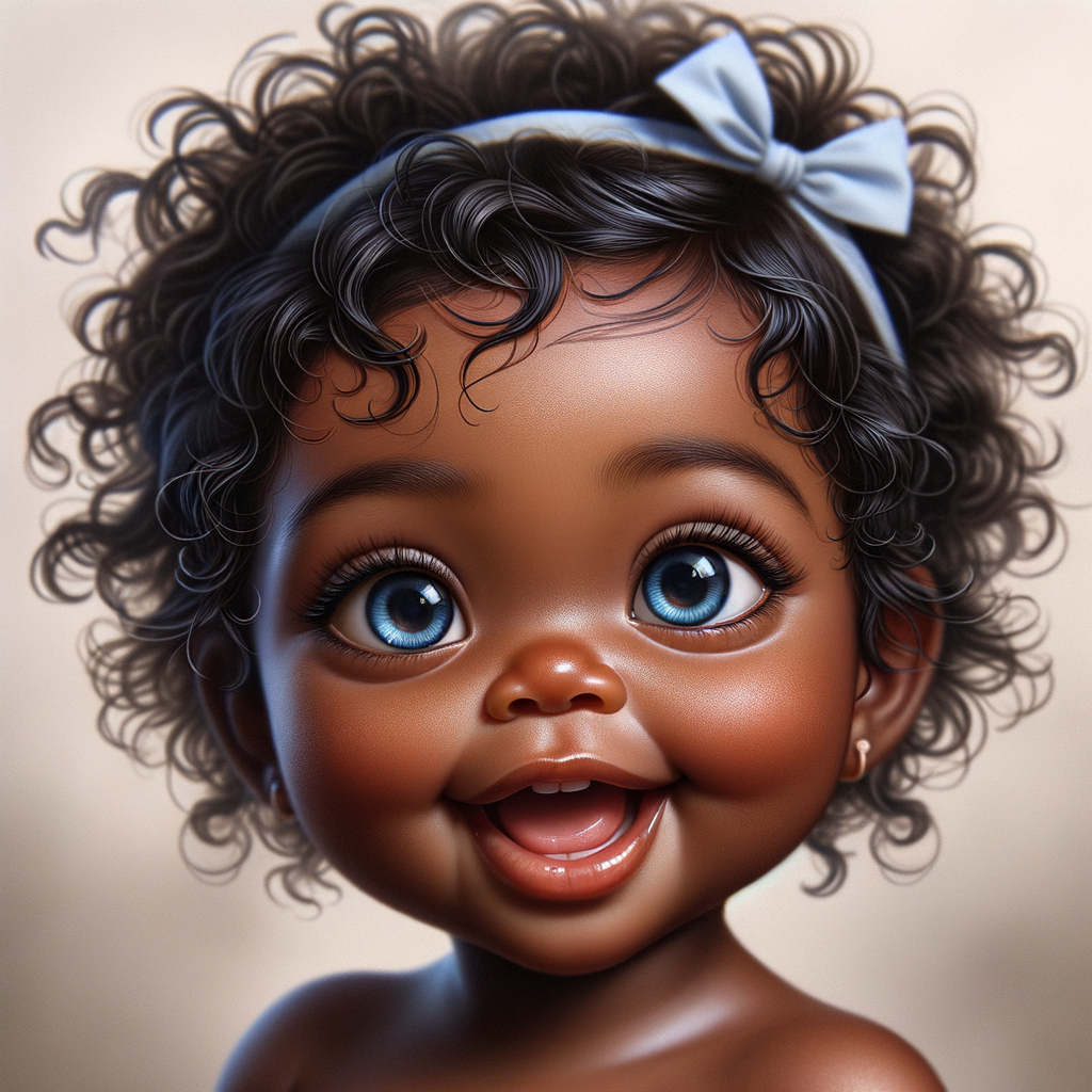 "Create a digital portrait of an adorable african-American baby girl with a joyful expression. Her big, bright blue eyes are wide with wonder, and her tiny mouth is shaped in a happy grin. Her skin has a warm, honey-brown tone, and she has an abundance of curly black hair, playfully tied up with light blue bows. The background is soft and neutral to keep the focus on her delightful features. The portrait should be vibrant and heartwarming, celebrating the innocence and charm of childhood."