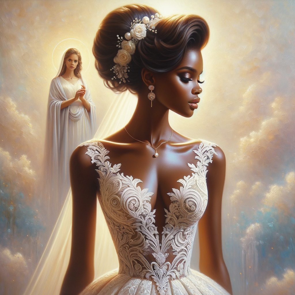 A hyper-realistic oil painting of an African American bride standing gracefully. She has a radiant complexion with a warm, glowing skin
tone. Her hair is styled in an elegant updo adorned with delicate white flowers. The bride is wearing a stunning, intricately detailed lacewedding gown with a subtle shimmer, capturing the light beautifully.The gown features a classic silhouette with a modern twist, including a deep V-neckline and a flowing train. She is also wearing a delicate pearl necklace and small, elegant earrings that add a touch ofsophistication. The background is a soft, romantic blur of pastelcolors, enhancing the focus on the bride and her exquisite bridal
attire. The painting should exude elegance, capturing the rich textures and vibrant details characteristic of oil paintings, with a particular emphasis on the fabric of the dress, the hairstyle, and the subtle a African-American Jesus Christ is in the background looking on