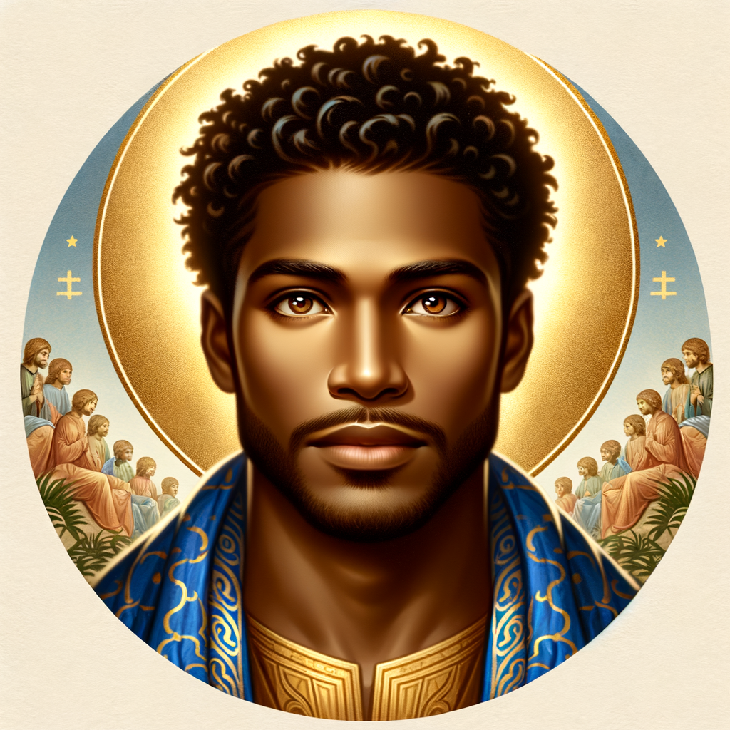 Create handsome African-American, Jesus, with Hazel Brown eyes wearing a blue and gold robe