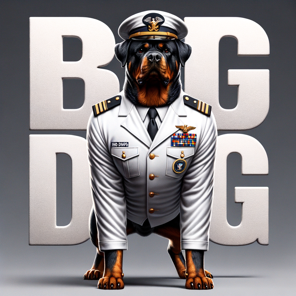 A mean Rottweiler, the Rottweiler is a US Navy officer in a white uniform, down below, spells the words BIG DAWG