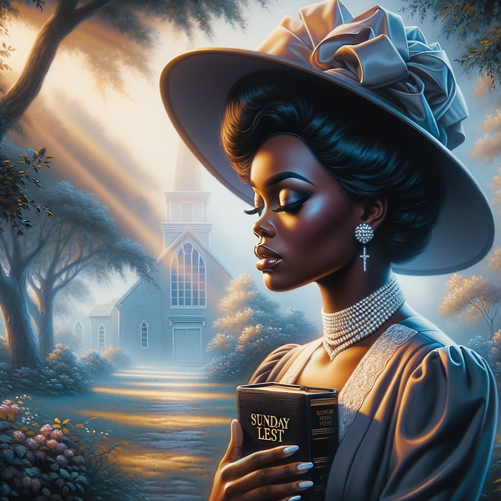 Render an airbrush oil painting of an African American woman with flawless makeup in a
contemplative pose, holding a Bible close to her heart, dressed in an elegant Sunday Best
outfit with a distinctive Church Hat. The background features a peaceful church garden,
with light filtering through the trees, highlighting her spiritual connection and the personal
moment of reflection. The artwork should capture the tranquility of the scene, the beauty
of her attire, and the depth of her contemplation, reflecting a serene and spiritually