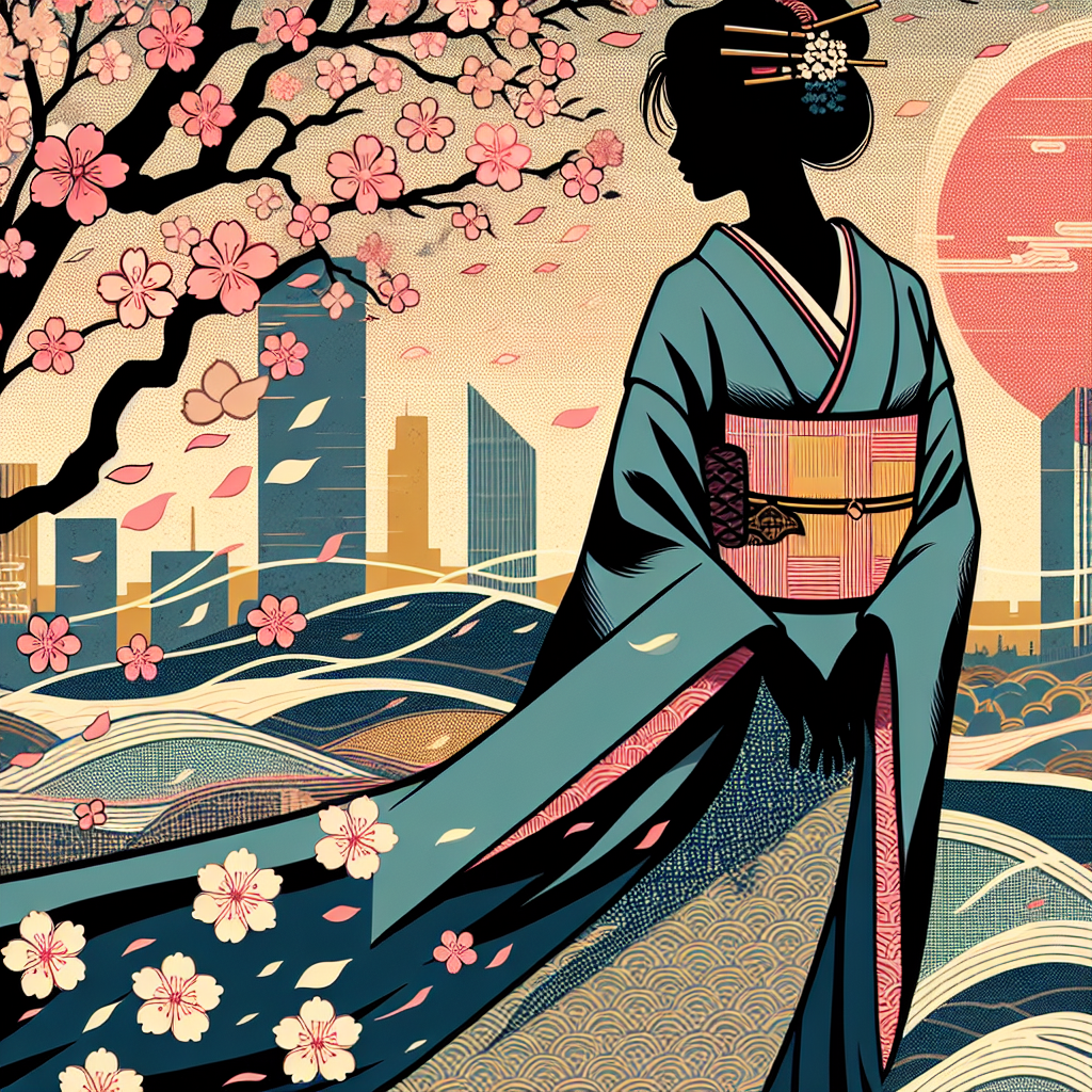 A graceful woman wearing a simple kimono, her silhouette framed by the soft, flowing patterns of cherry blossoms on the breeze