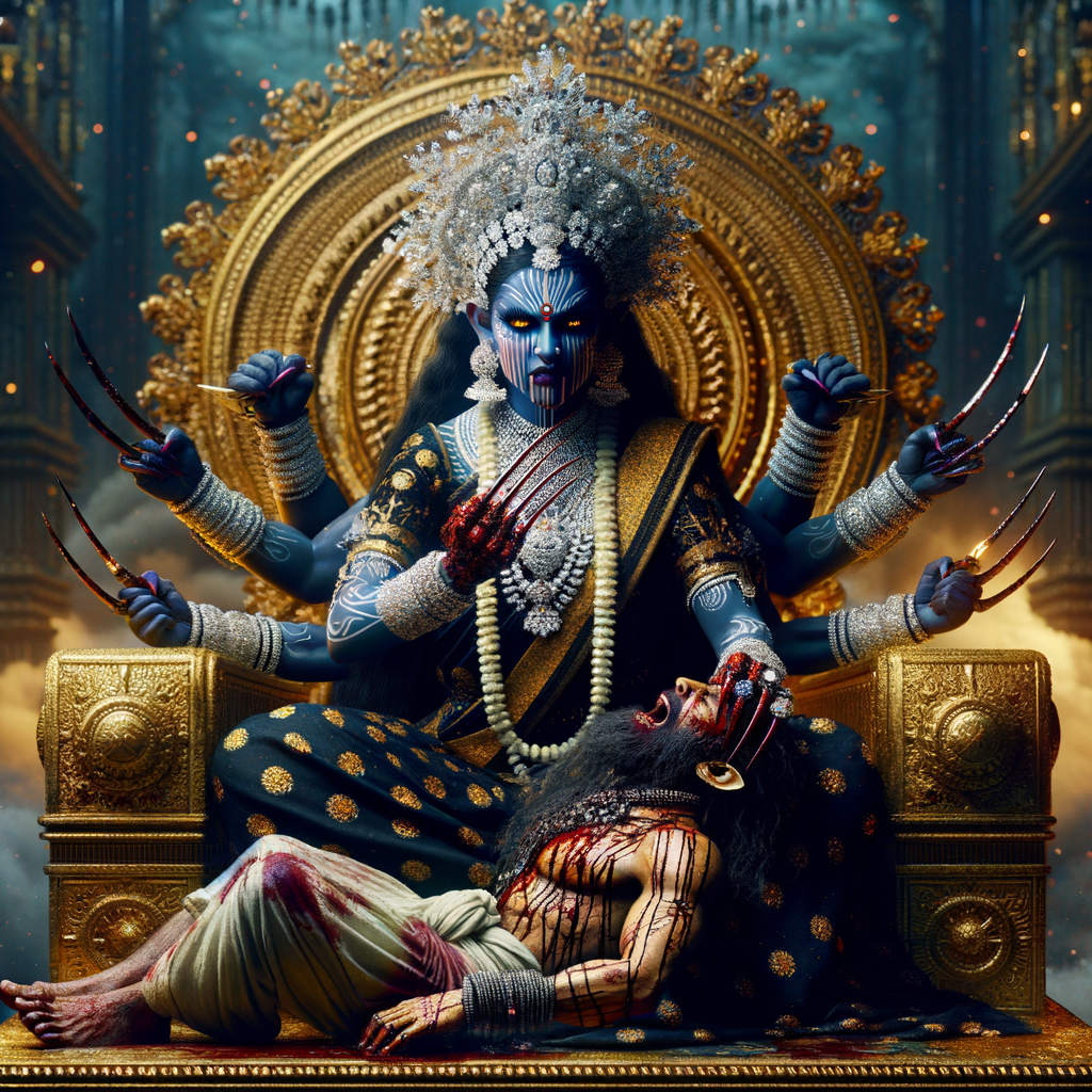 portrait of angry looking, four-armed indian goddess blue skinned sitting on a gold crown and carrying a weak mahishasur on her lap and poking his abdomen with her amazingly long red fingernails . She is wearing diamond armor, a huge diamond crown, black saree, abundant  diamond jewelry, covered in blood. The scene is set in ancient India. The image is 8K resolution, cinematic, photography, ultra detailed face and epic.