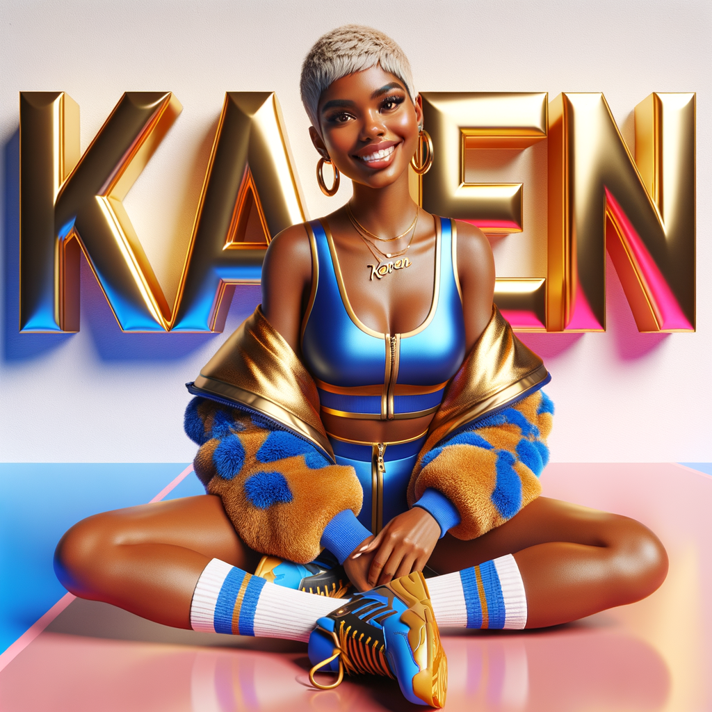 3D writing name "KAREN" bold glossy gold. There is a beautiful African-American latino woman, smiling with a black and blonde pixie cut hairdo,blue and gold trendy jacket and outfits in blue, pink, and gold tones, sport shoes, sitting under the name. Her outfits are glossy. dynamic color explosion background, of pink, blue, gold colors, splashed on white wall