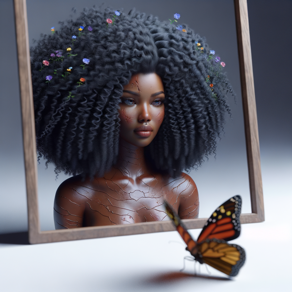 Create a 3-D realistic beautiful African-American  women with thick curly black hair
Looking at herself in the mirror, but the reflection she sees is a child, and she is no longer beautiful. She is ugly with scars. There is a fallen butterfly.