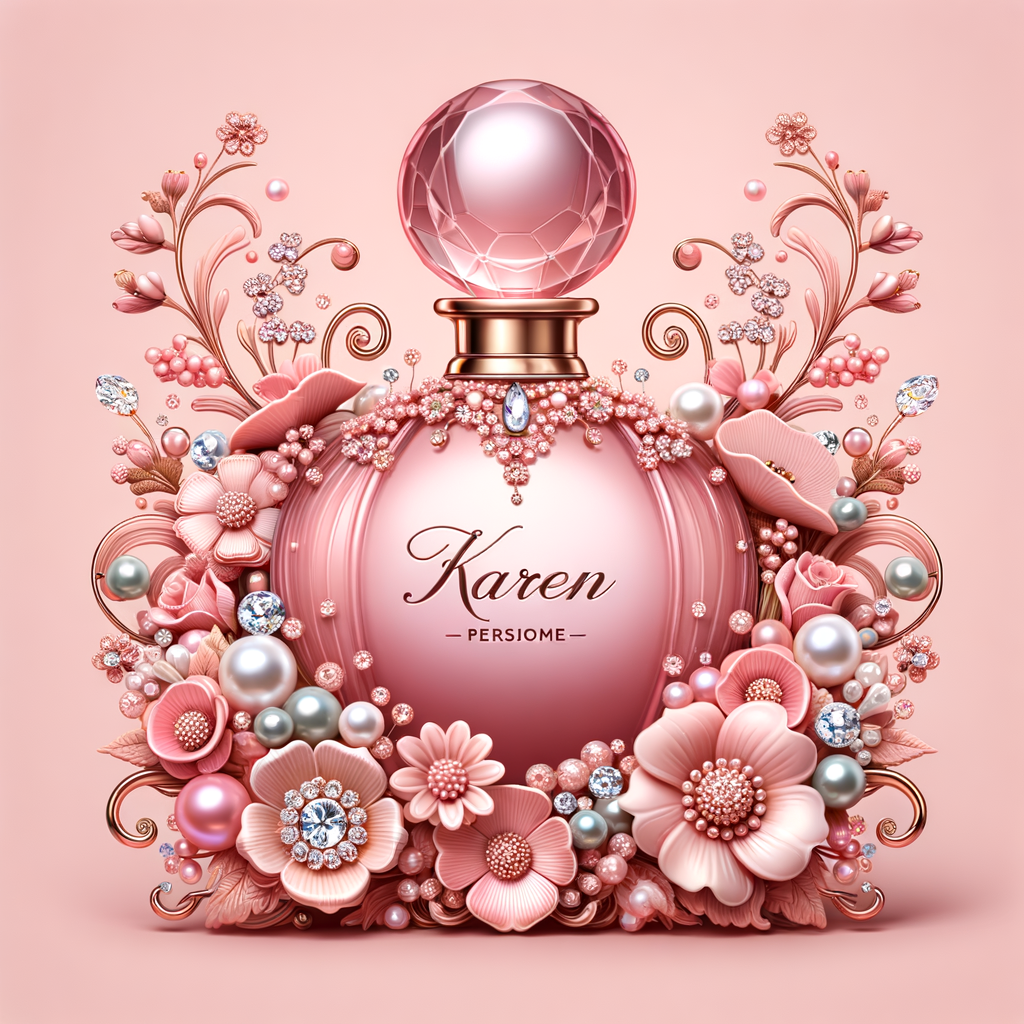 Design a fancy pink perfume bottle in the shape of a woman’s body with flowers, Pearls and diamonds and the name Karen