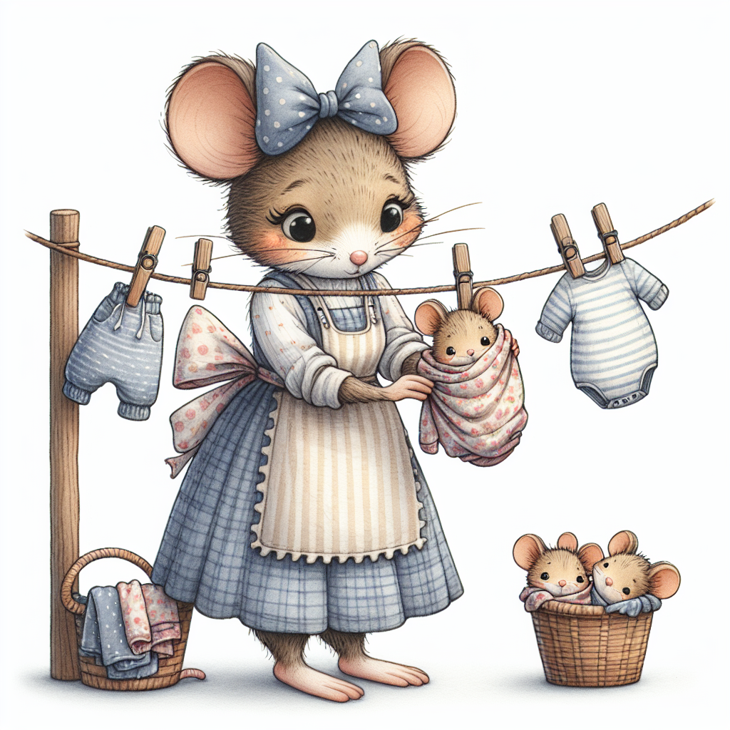 A picture of a cute mother mouse with big eyes, wearing an apron and a bow on top of her head, she is  hanging laundry on the clothing line wich has 2 mouse babies hanging from the line wrapped in a blanket and held by clothing pins on the line. The laundry line has a baby shirts. Full shot. watercolour illustration with pencil outline