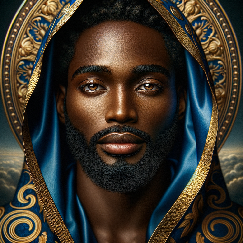 Create handsome African-American, Jesus, with Hazel Brown eyes wearing a blue and gold robe