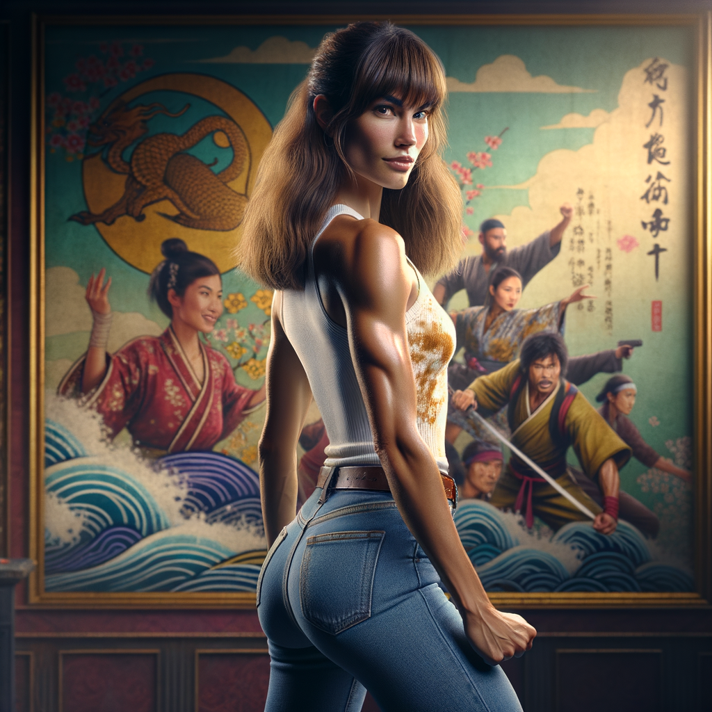 Athletic Thin skinny Attractive, Asian teenage girl, long brown hair and bangs, wearing tight skinny jeans and a halter top paint marks on her clothing, heroic pose Asian graffiti background, backside view