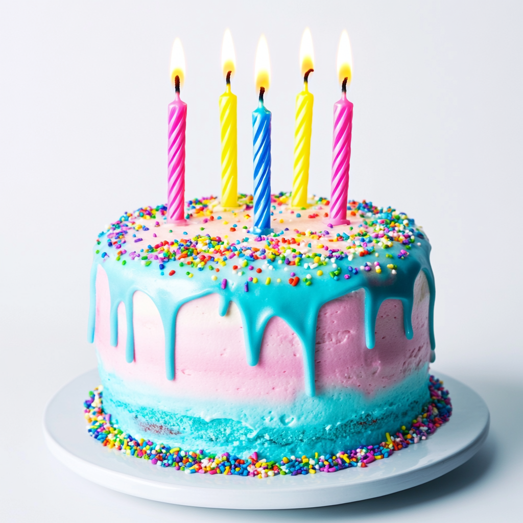 A vibrant, festive birthday cake with three lit candles on top. The cake is a two tiered sponge with colorful frosting—pastel pink on the top layer and sky blue on the bottom. The frosting drips slightly over the edges for a delicious effect. Bright, multicolored sprinkles are scattered over the top. The three candles are evenly spaced, each with a different color—red, yellow, and blue—with soft glowing flames. The background is white