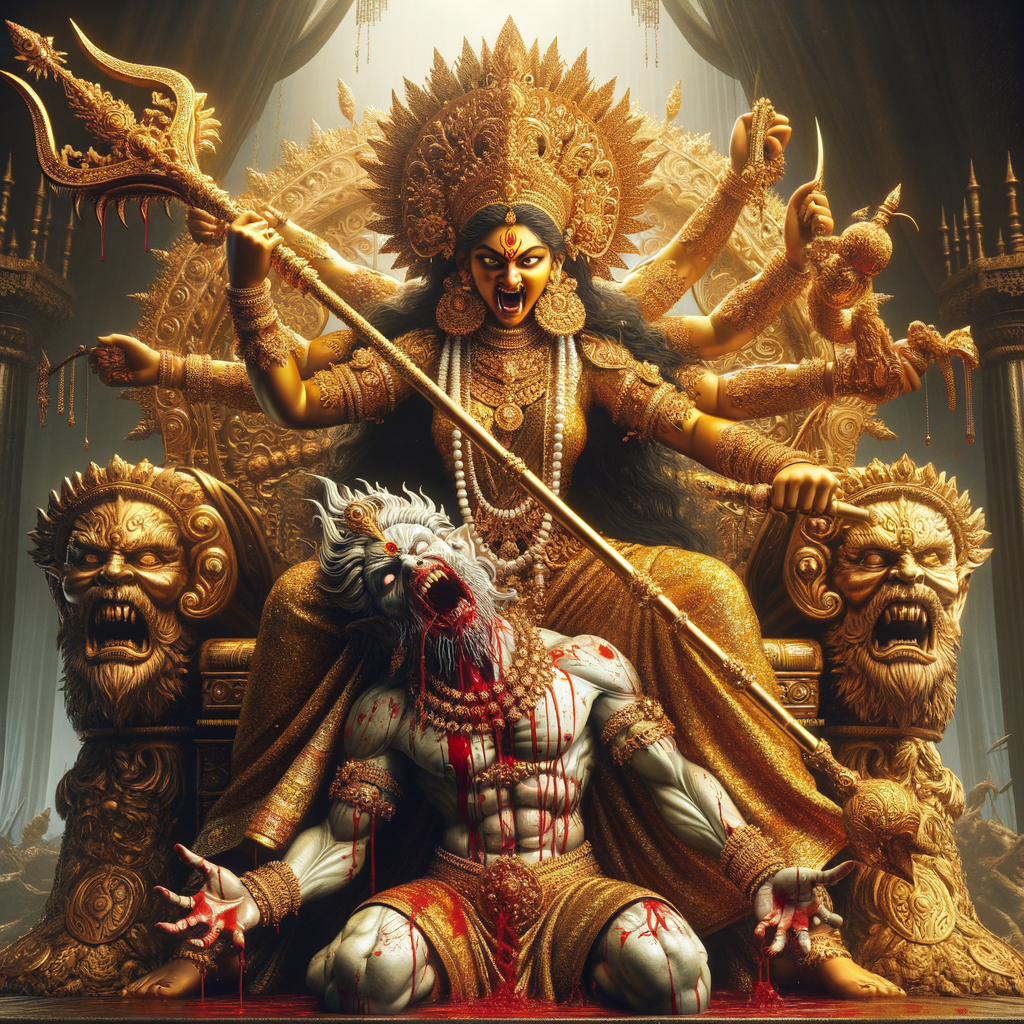 portrait of angry looking goddess durga sitting on a gold crown and carrying a weak mahishasur on her lap and she is stabbing his belly with her amazingly designed trident. She is wearing gold armor, a huge gold crown, gold saree, abundant  gold jewelry, covered in blood. The scene is set in ancient India. The image is 8K resolution, photography, cinematic, ultra detailed face and epic