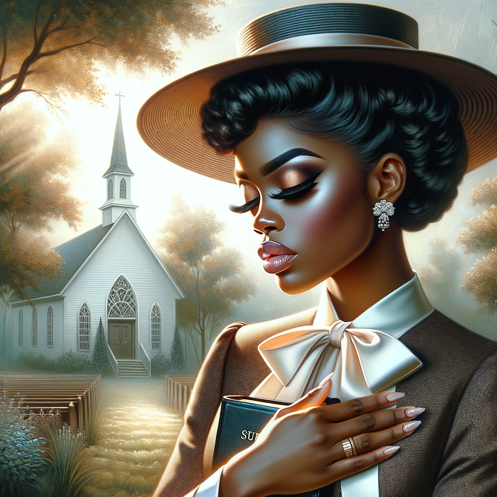 Render an airbrush oil painting of an African American woman with flawless makeup in a
contemplative pose, holding a Bible close to her heart, dressed in an elegant Sunday Best
outfit with a distinctive Church Hat. The background features a peaceful church garden,
with light filtering through the trees, highlighting her spiritual connection and the personal
moment of reflection. The artwork should capture the tranquility of the scene, the beauty
of her attire, and the depth of her contemplation, reflecting a serene and spiritually