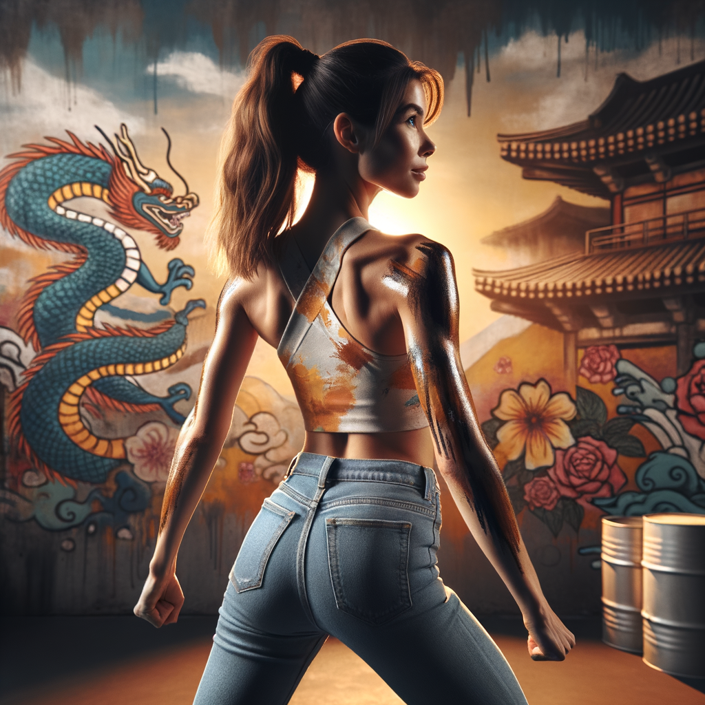 Athletic Thin skinny Attractive, Asian teenage girl, long brown hair and bangs, wearing tight skinny jeans and a halter top paint marks on her clothing, heroic pose Asian graffiti background, backside view