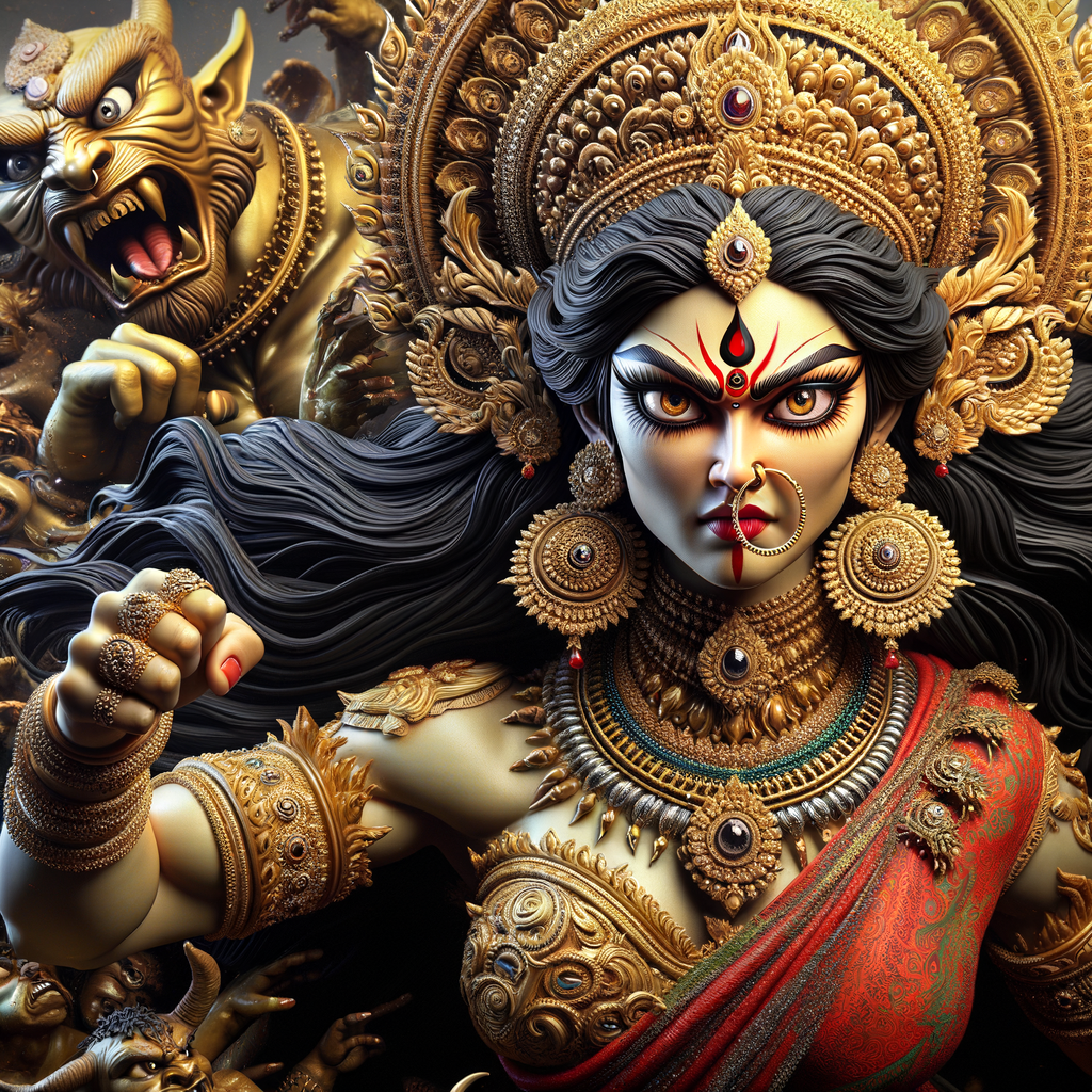 Portrait of gorgeous and angry goddess durga slaying mahishasur. intricately detailed depiction of a goddess. gold jewelry all over body. sharp nose, light skin, beautiful brown eyes, wavy black hair, red lips, slim body, red clothing, muscled limbs, ultra detailed body. uhd, hdr, 64k, epic scene. Photography