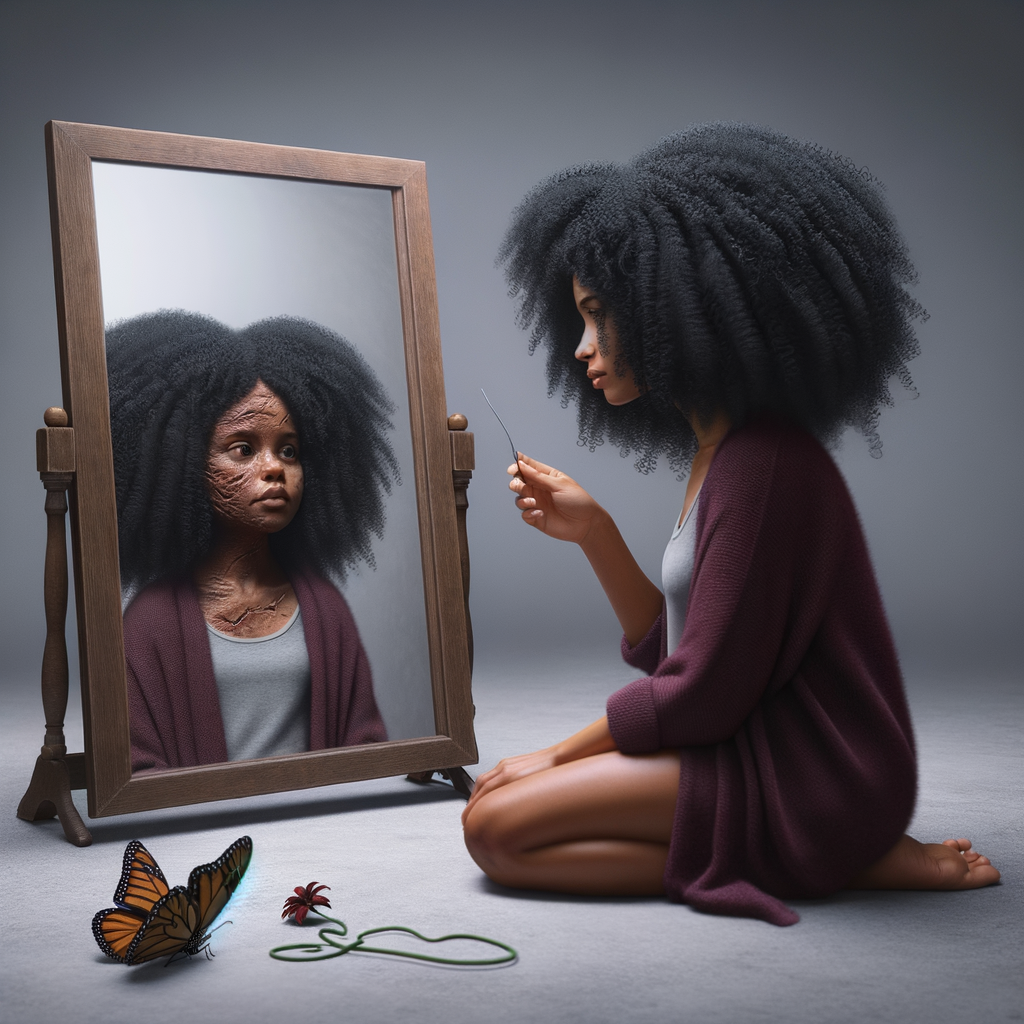 Create a 3-D realistic beautiful African-American  women with thick curly black hair
Looking at herself in the mirror, but the reflection she sees is a child, and she is no longer beautiful. She is ugly with scars. There is a fallen butterfly.