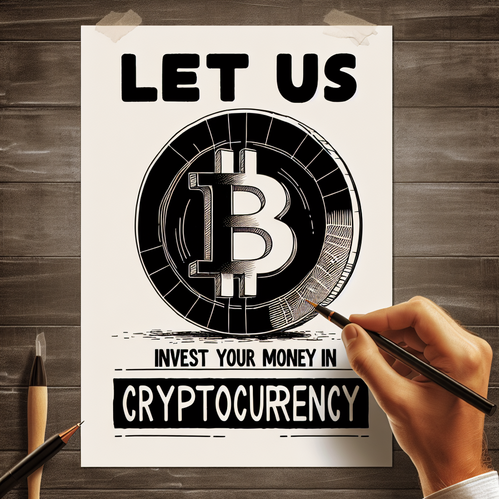 This is a black and white advertisement. It says "Let us Invest Your Money in Cryptocurrency" the image in the backround is a heavy black line drawing, behind the text, of a Bitcoin.