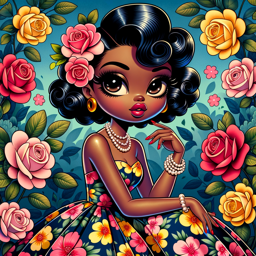 An illustrated  African-American, Betty Boop with exaggerated features reminiscent of vintage pin-up art. The character has large, expressive eyes, short wavy black hair, and is wearing a colorful, floral-print dress with a deep blue background and tropical flowers in vivid colors like yellow, pink, and red. She's seated with one hand resting gently beside her, wearing a pearl necklace and gold hoop earrings. The background is filled with lush roses in shades of pink and red.