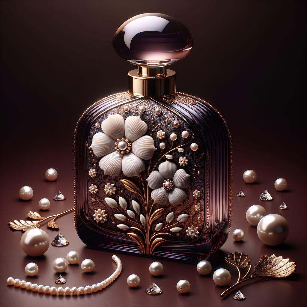 Create an image of a sophisticated perfume bottle that is designed to resemble the silhouette of a woman's figure. The glass of the bottle should be a deep, dark purple, evoking a sense of mystery and luxury. Adorning this unique bottle, there should be a pattern of a single, intricate white and soft pink flower, with a string of pearls that gracefully follows the curves of the bottle's form. The neck of the bottle, slim and elegant, is encircled by a band of gold inlaid with tiny sparkling diamonds, leading up to a large, lustrous pearl that serves as the bottle's cap. Include additional details such as scattered pearls, a petal, and a golden twig with a single pearl on the maroon surface around the bottle, all of which reinforce the sophisticated and luxurious theme. The perfume bottle is a signature piece for a person named Karen, reflecting her refined and elegant taste.