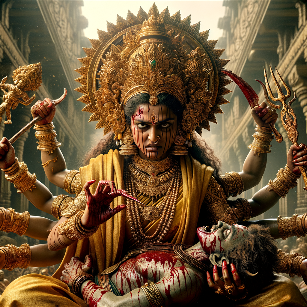 portrait of angry looking, four-armed indian goddess  sitting on a gold crown and carrying a weak mahishasur on her lap and poking his abdomen with her amazingly long red fingernails . She is wearing gold armor, a huge gold crown, gold saree, abundant  gold jewelry, covered in blood. The scene is set in ancient India. The image is 8K resolution, cinematic, photography, ultra detailed face and epic.