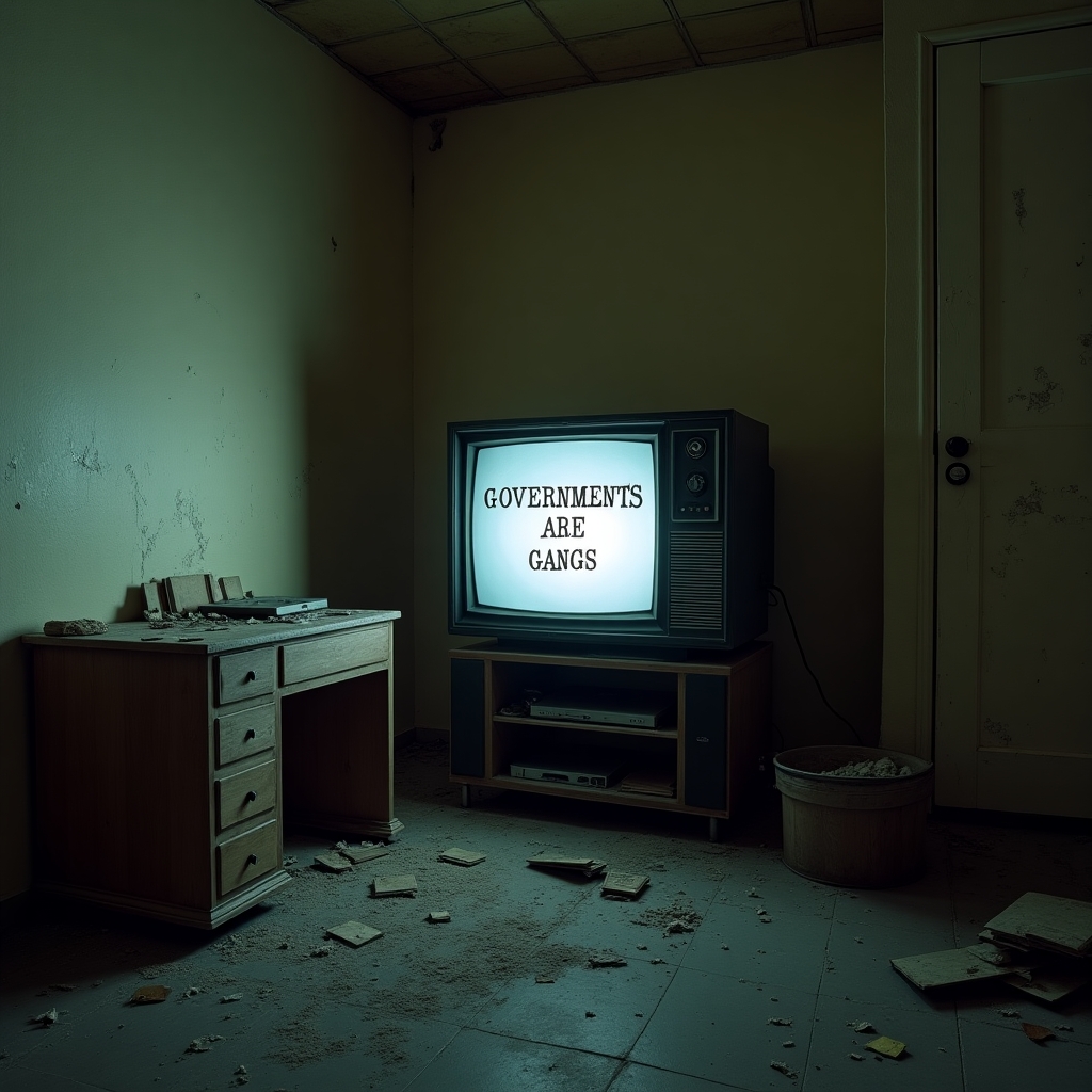 An uncomfortable vandalized room with a tube TV that has an emergency broadcast that says “GOVERNMENTS ARE GANGS” on the screen