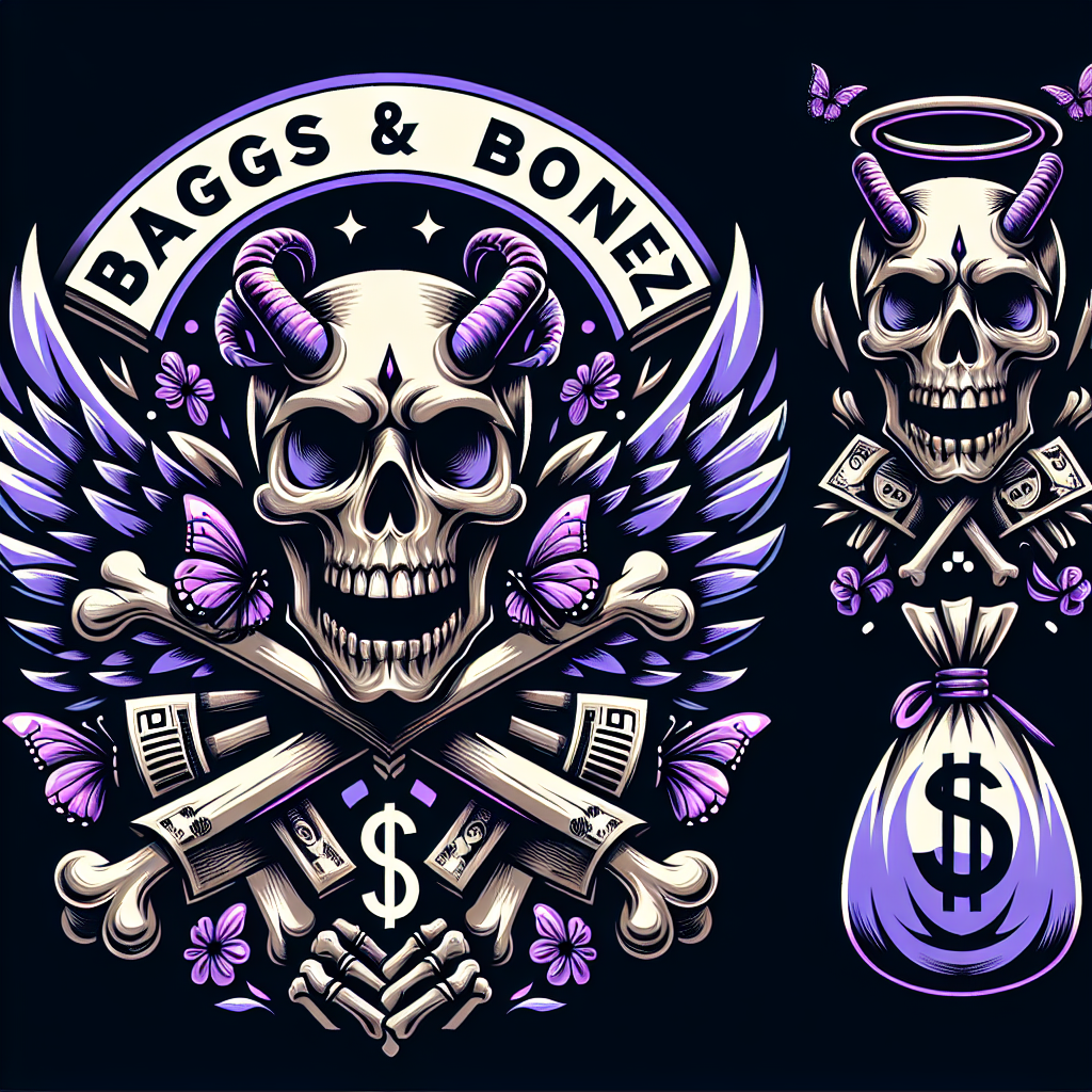 Death 
 logo with butterflies and purples(masterpiece, best quality),vicious extremely detailed, skull and bones and money everywhere, (detailed eyes)Make different shaped logos [Make sure image fits in space allowed] animated, influenced by horror elements, dressed in a oozing graffiti horns. utilizing a stylized dollar sign. elongated tongue should be playfully sticking out. Beneath the figure, incorporate in a old english unique, bold font that complements the edgy aesthetic, the words "BAGGS & BONEZ" FOR THE BRAND NAME ON THE LOGO.((best quality)), ((masterpiece)),  ,, (8k), RAW photo, best quality, ultra high res,( realistic), should have an exaggerated expression, with a long, protruding tongue.sharp features and large horns,