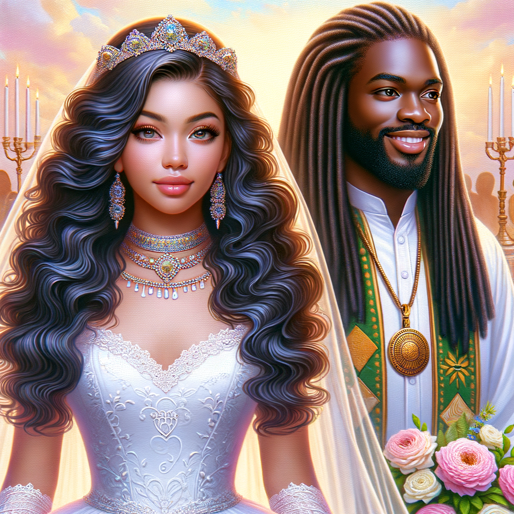 Create a 3-D realistic oil, painting of a beautiful African-American bride. She has long flooring, wavy hair and her gown has beautiful jewels around the neckline. in the background there is a beautiful African-American Jesus Christ with long dreadlocks, and he is smiling. He is very handsome pastel flowers throughout the image.