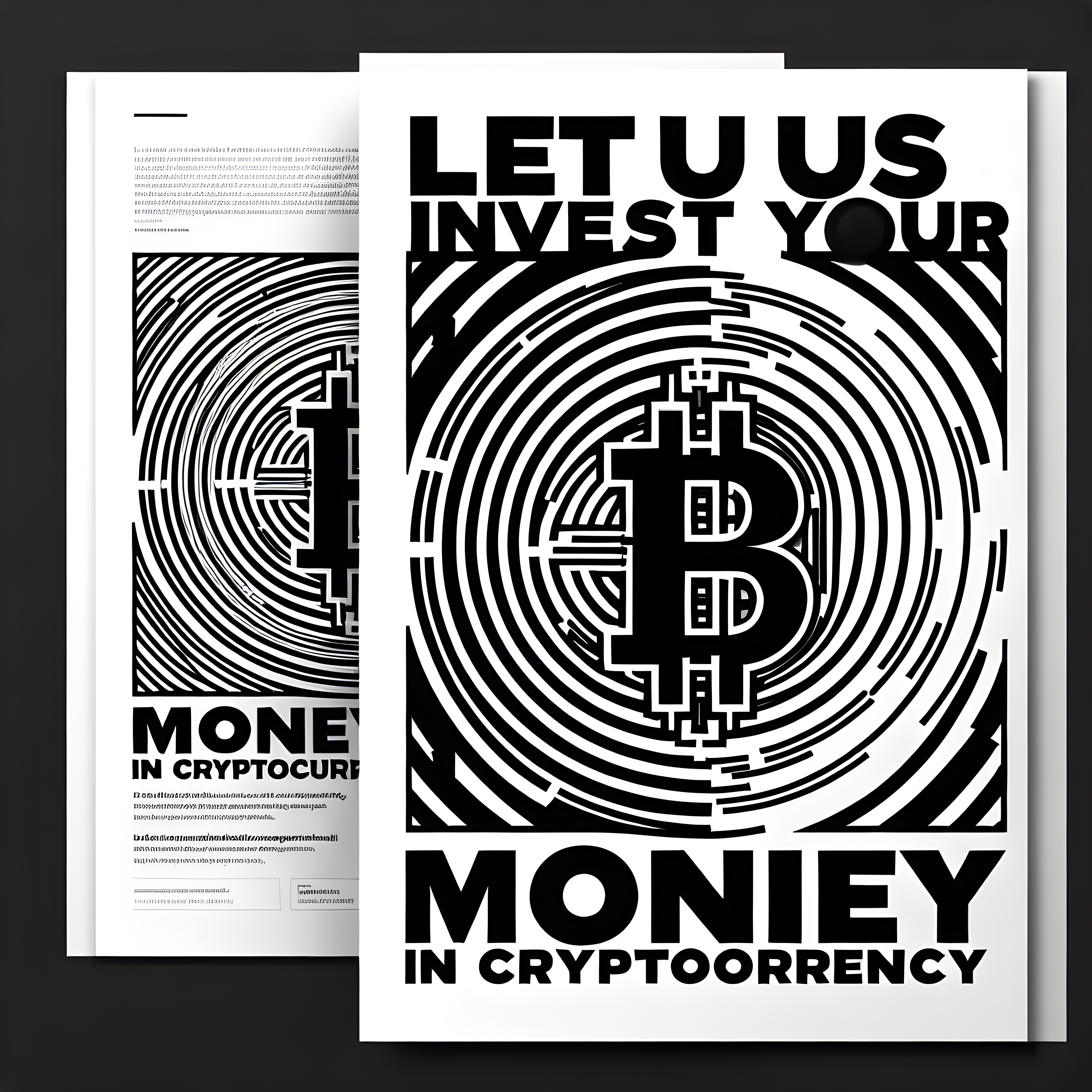 Create a black and white advertisement featuring the bold text "Let Us Invest Your Money in Cryptocurrency" superimposed on a stark, heavy black line drawing of a Bitcoin symbol in the background.