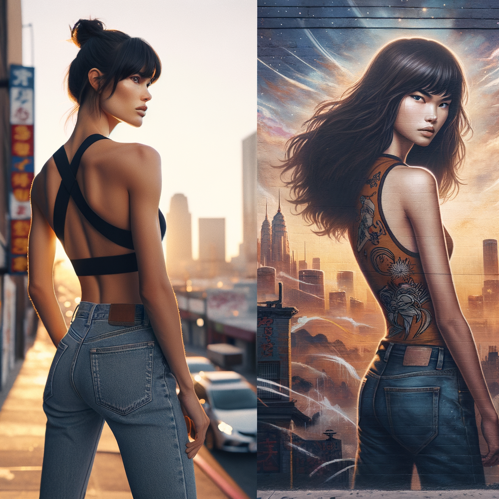 Athletic Thin skinny Attractive, Asian teenage girl, long brown hair and bangs, wearing tight skinny jeans and a halter top paint marks on her clothing, heroic pose Asian graffiti background, backside view