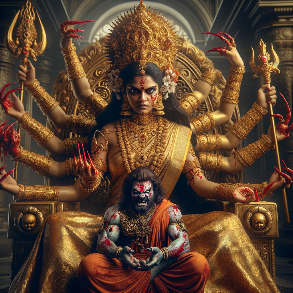 portrait of angry looking, four-armed indian goddess  sitting on a gold crown and carrying a weak mahishasur on her lap and poking his abdomen with her two hands with amazingly long red fingernails . She is wearing gold armor, a huge gold crown, gold saree, abundant  gold jewelry, covered in blood. The scene is set in ancient India. The image is 8K resolution, cinematic, photography, ultra detailed face and epic.