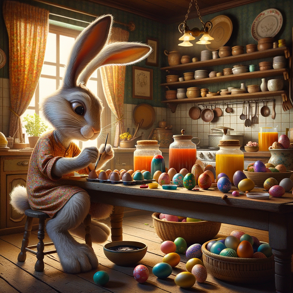 The Easter bunny making colorful eggs in the kitchen