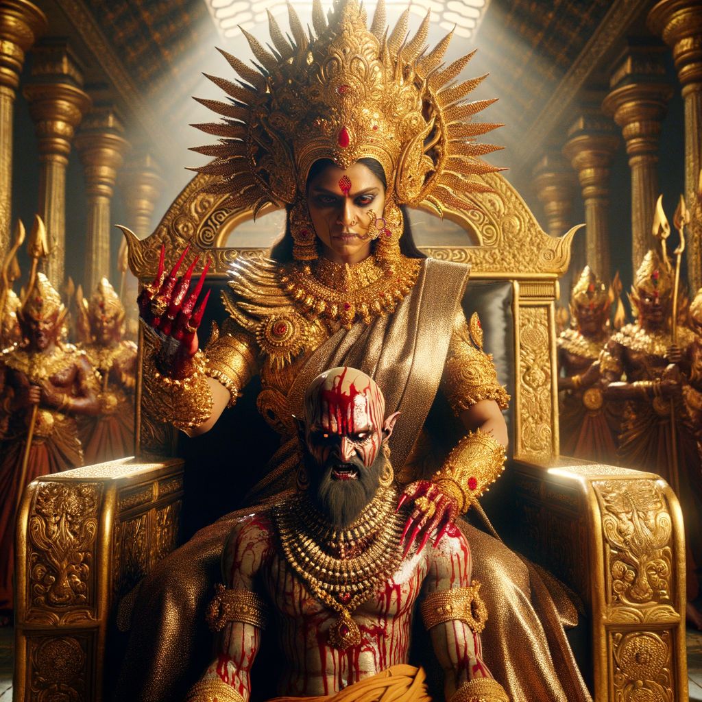 portrait of angry looking indian goddess sitting on a gold crown and carrying a weak mahishasur on her lap and poking him with her amazingly long red fingernails. She is wearing gold armor, a huge gold crown, gold saree, abundant  gold jewelry, covered in blood. The scene is set in ancient India. The image is 8K resolution, cinematic, photography, ultra detailed face and epic.