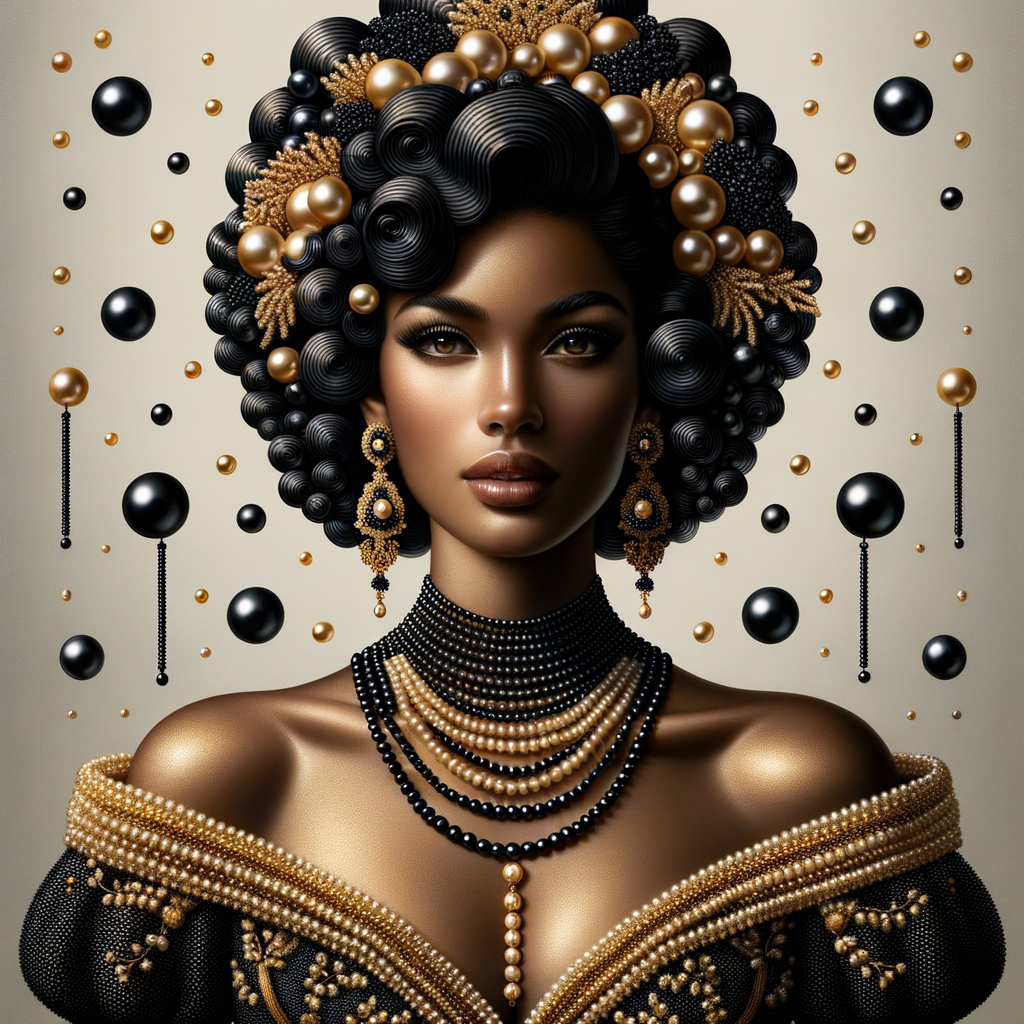 Imagine a digital portrait of a light skinned African-American Latino regal woman named KAREN Her attire and accessories are exclusively adorned with black and gold pearls. They grace her voluminous hair, styled in an elegant updo, where the black pearls form the roots and the gold pearls create the stunning curls. Her ears boast chandelier earrings, with black pearls clustered at the top, transitioning to gold pearls that dangle with delicate grace. Around her neck, a tiered necklace cascades with strands of alternating black and gold pearls, reflecting a sophisticated contrast.

Her shoulders are draped with a luxurious off-shoulder gown, the fabric's weave incorporating intricate patterns formed by black and gold pearls. The gown's texture has a subtle sheen, suggesting a high-quality material with a pearlescent finish. As a centerpiece, a grand brooch sits at her collar, with a large gold pearl surrounded by an elaborate design of smaller black pearls.

The background of the portrait features an abstract composition of floating pearls, swirling in a dance of shadows and light, emphasizing the color theme of black and gold. The name "KAREN" is discreetly integrated into the lower right corner of the artwork, blending seamlessly with the design, as if it were a signature part of the jewelry ensemble. The overall effect is one of timeless elegance, a blend of modern design and classic beauty, all tied together by the luxurious palette of black and gold.