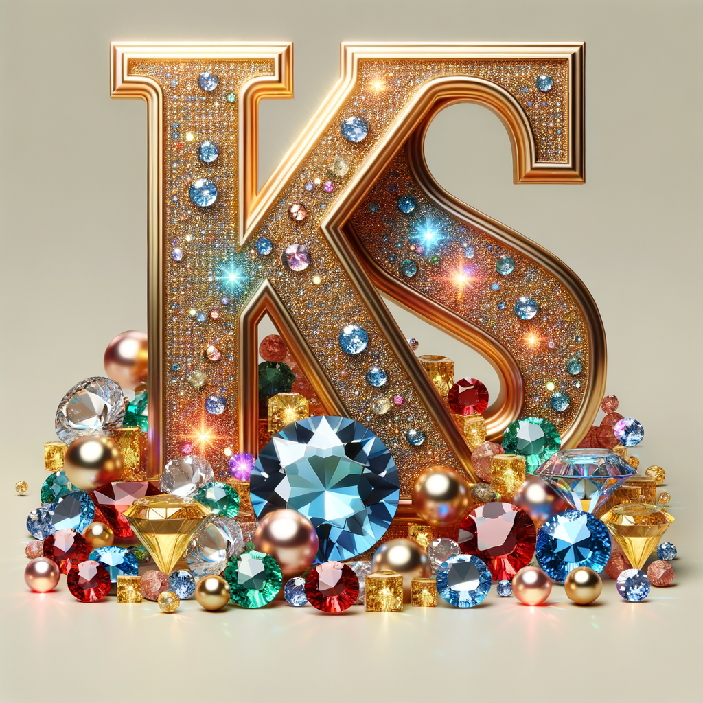 Create a 3-D realistic image with the letters  K.S. in gold raised letters , Add diamonds and colorful jewels