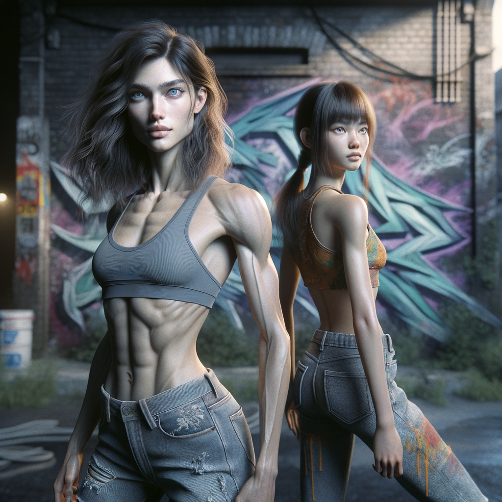 Athletic Thin skinny Attractive, Asian teenage girl, long brown hair and bangs, wearing tight skinny jeans and a halter top paint marks on her clothing, heroic pose Asian graffiti background, backside view