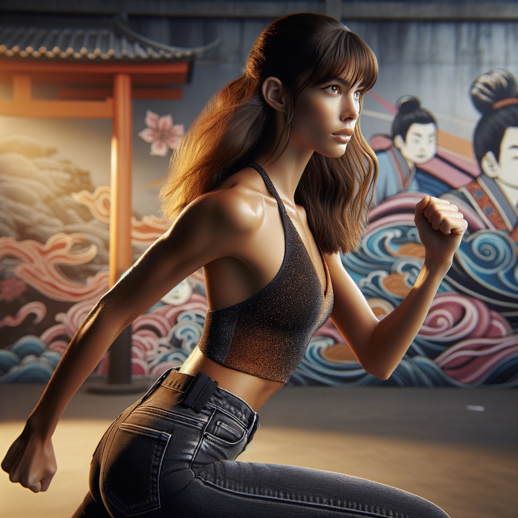 Athletic Thin skinny Attractive, Asian teenage girl, long brown hair and bangs, wearing tight skinny jeans and a halter top paint marks on her clothing, heroic pose Asian graffiti background, side view