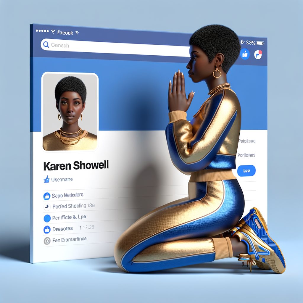 Create a 3D illustration of a realistic light skinned African-American woman on The remote her knees Praying , she has a black pixie cut haircut FACEBOOK social media with a FACEBOOK BACKGROUND . She is wearing a gold and blue jumpsuit and gold and blue Nike gym shoes. The background is a FACEBOOK social media profile with a user name “KAREN SHOWELL ” and profile FACEBOOK Cover