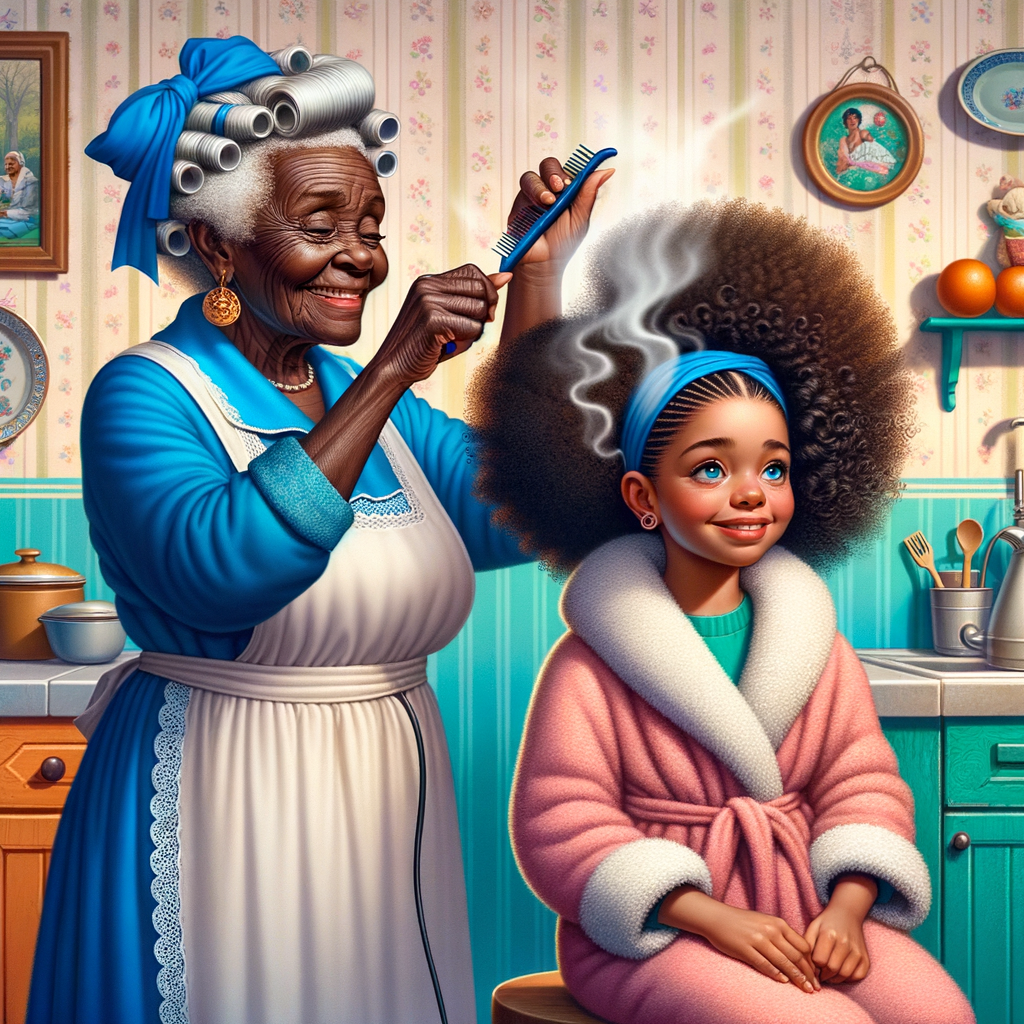 Create a realistic 3-D image of an african-American grandmother wearing a blue house dress and a white apron . She is in the kitchen with her african-American granddaughter. Her granddaughter is wearing a pink bath robe. The grandmother has a hot comb in her hand and she is straightening her granddaughters hair. One side of her granddaughters hair is in  a Afro the other straight 
There is smoke coming from the hot comb
The granddaughter is making a face