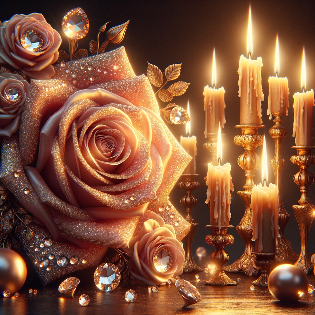 "Envision the scene before you: a majestic rose bathed in the warm glow of candlelight, its petals unfolding like a treasury of pearls and diamonds sparkling in soft illumination. Golden candles stand tall, their flames casting a lustrous sheen that brings out the gold's rich patina.