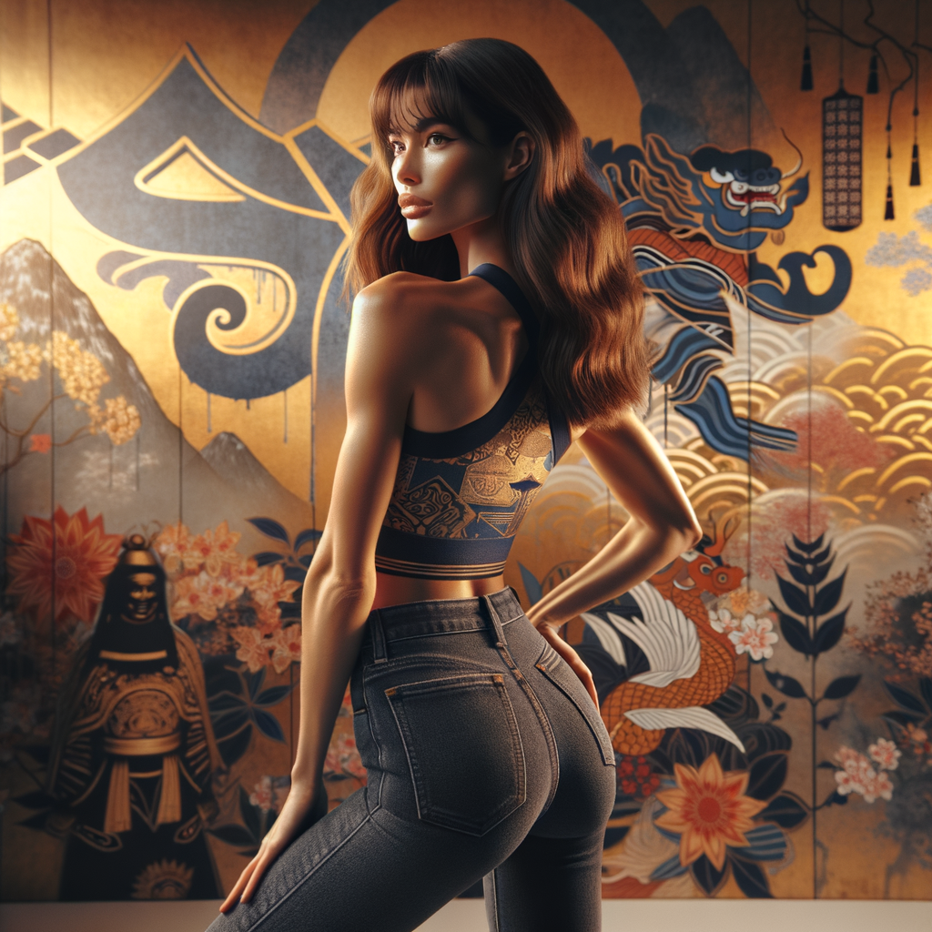 Athletic Thin skinny Attractive, Asian teenage girl, long brown hair and bangs, wearing tight skinny jeans and a halter top paint marks on her clothing, heroic pose Asian graffiti background, backside view