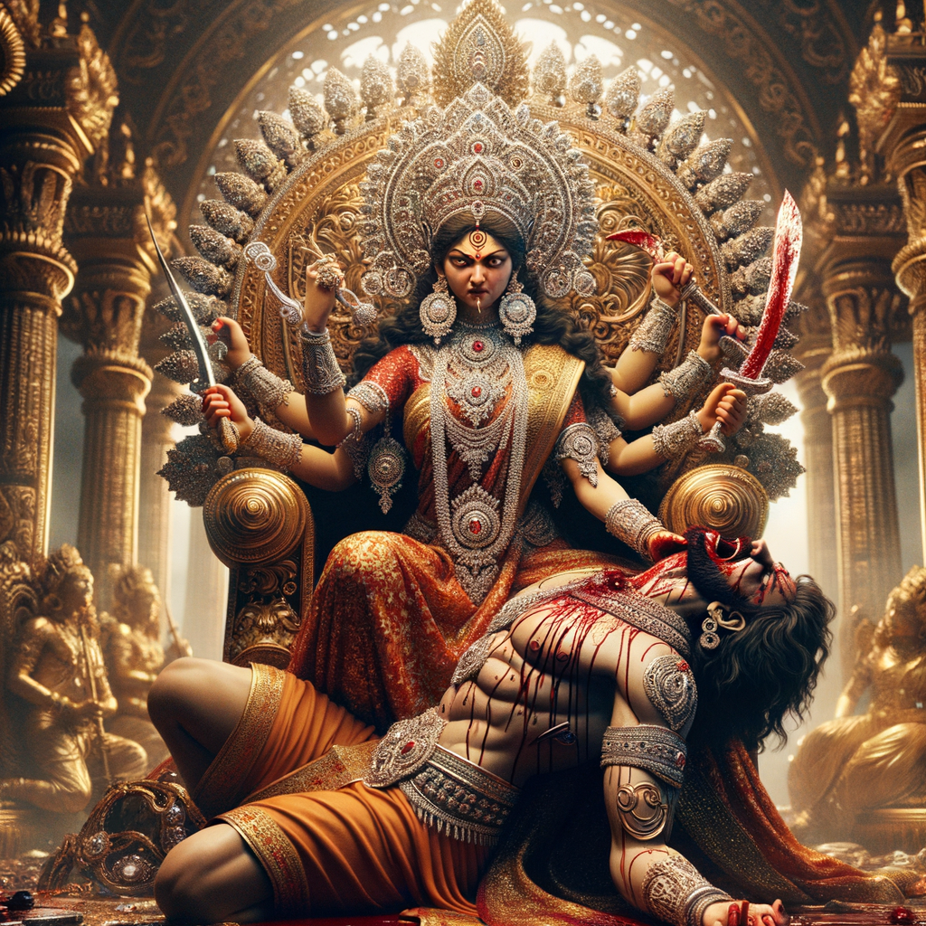 portrait of angry looking goddess durga, sitting on a gold crown and carrying a weak mahishasur on her lap and stabbing him with her amazing red finger nails. She is wearing diamond armor, a huge diamond crown, red saree, abundant diamond jewelry, covered in blood. The scene is set in ancient India. The image is 8K resolution, cinematic, ultra detailed face and epic.