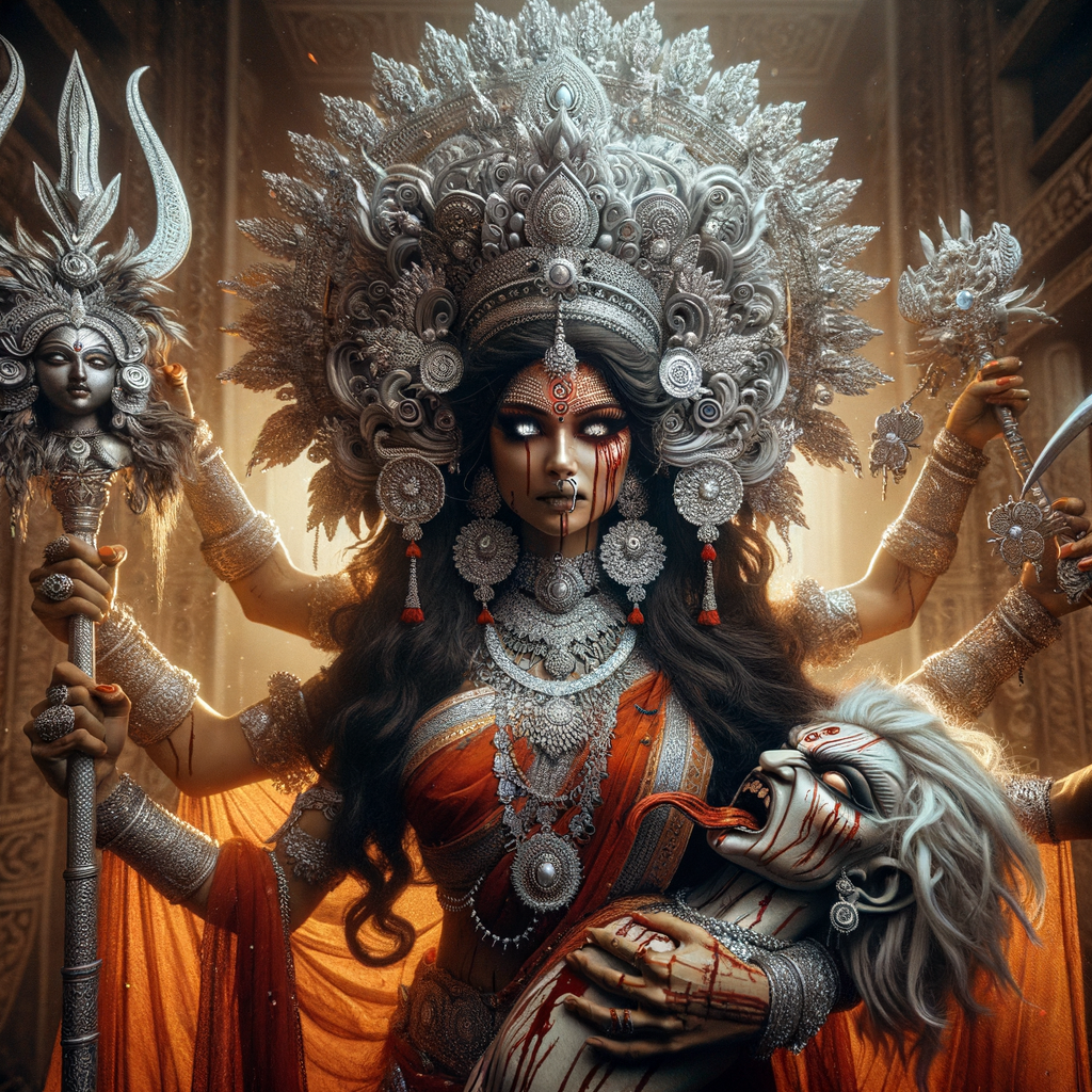 portrait of angry looking, gorgeous goddess durga cosplayer carrying a weak mahishasur in her two arms and stabbing him with her amazingly designed trident. She is wearing a huge silver crown, red saree, abundant silver jewelry, covered in blood. The scene is set in ancient India. The image is 8K resolution, cinematic, ultra detailed face and epic.