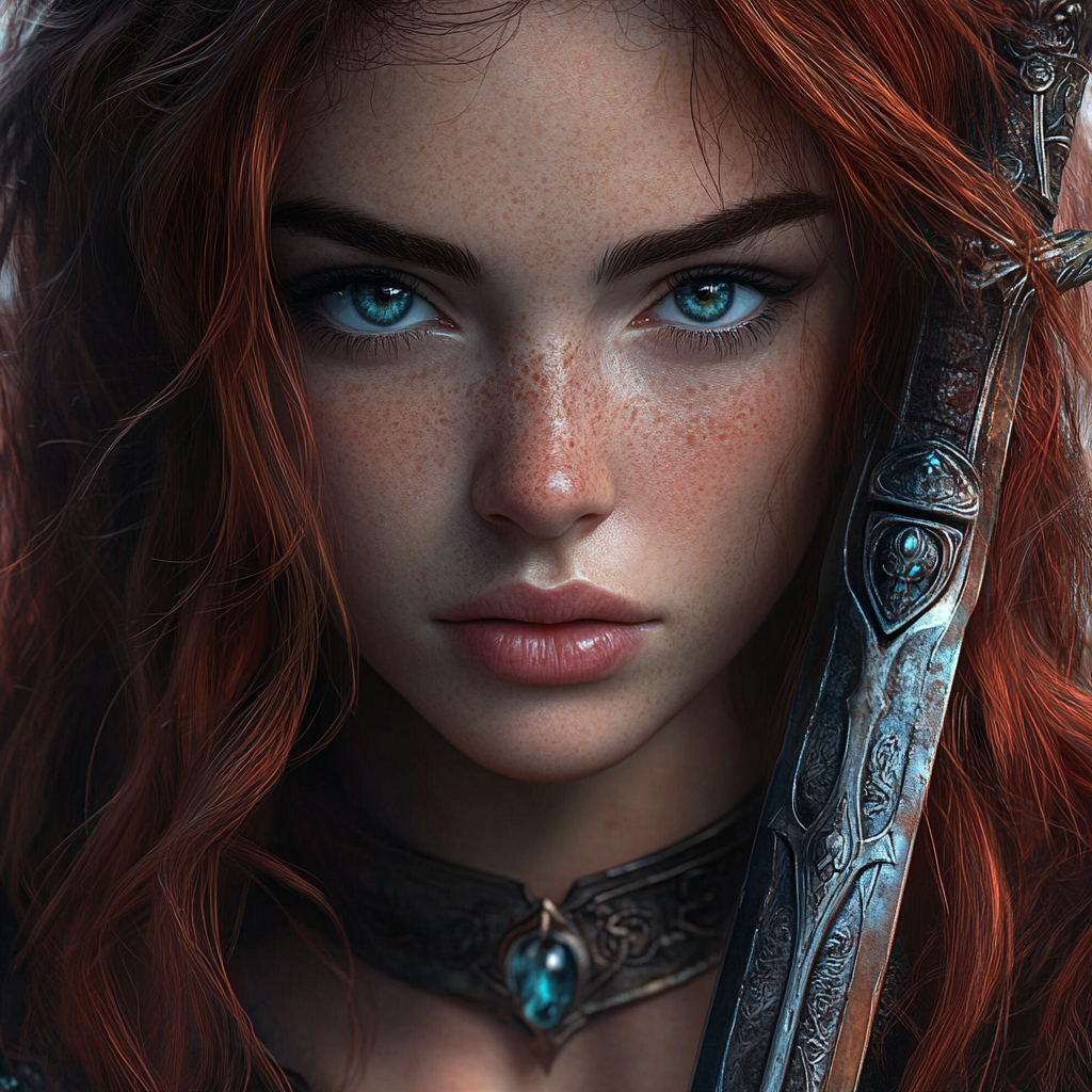 Create a realistic image of a warrior with dark red hair reaching just below the shoulders, piercing blue eyes, and a round face. The warrior should be holding a sword adorned with jewels, capturing only the bust for a detailed close-up.