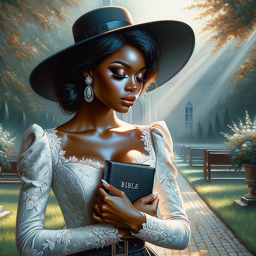 Render an airbrush oil painting of an African American woman with flawless makeup in a
contemplative pose, holding a Bible close to her heart, dressed in an elegant Sunday Best
outfit with a distinctive Church Hat. The background features a peaceful church garden,
with light filtering through the trees, highlighting her spiritual connection and the personal
moment of reflection. The artwork should capture the tranquility of the scene, the beauty
of her attire, and the depth of her contemplation, reflecting a serene and spiritually